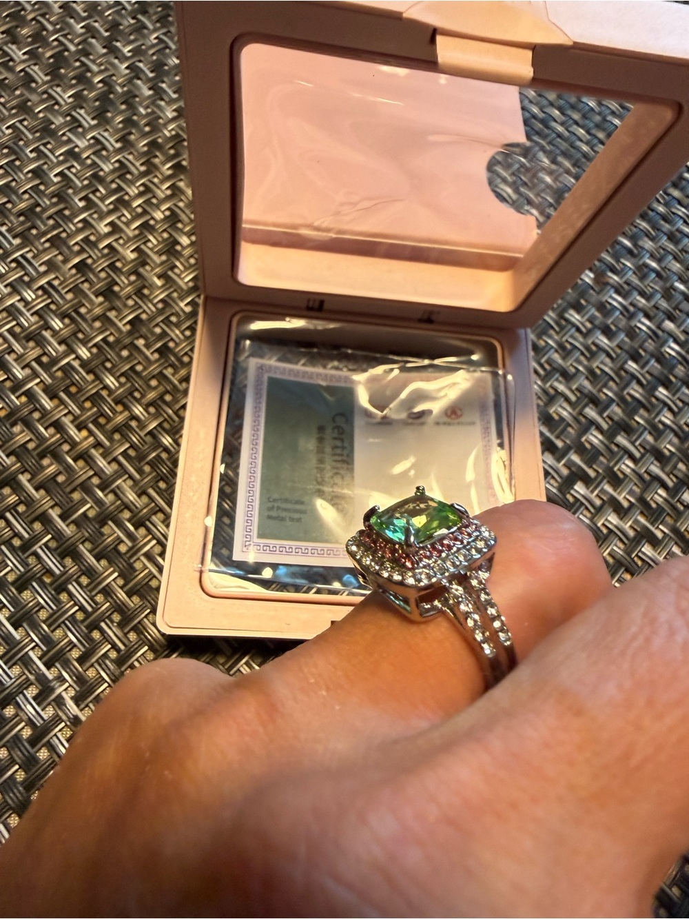 Green Crystal Halo Engagement Ring - Women Jewelry